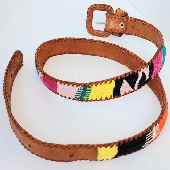 Vintage Women's Handmade Woven Edge Leather & Kilim Blanket Belt - marked Sz 36 - Picture 3 of 11